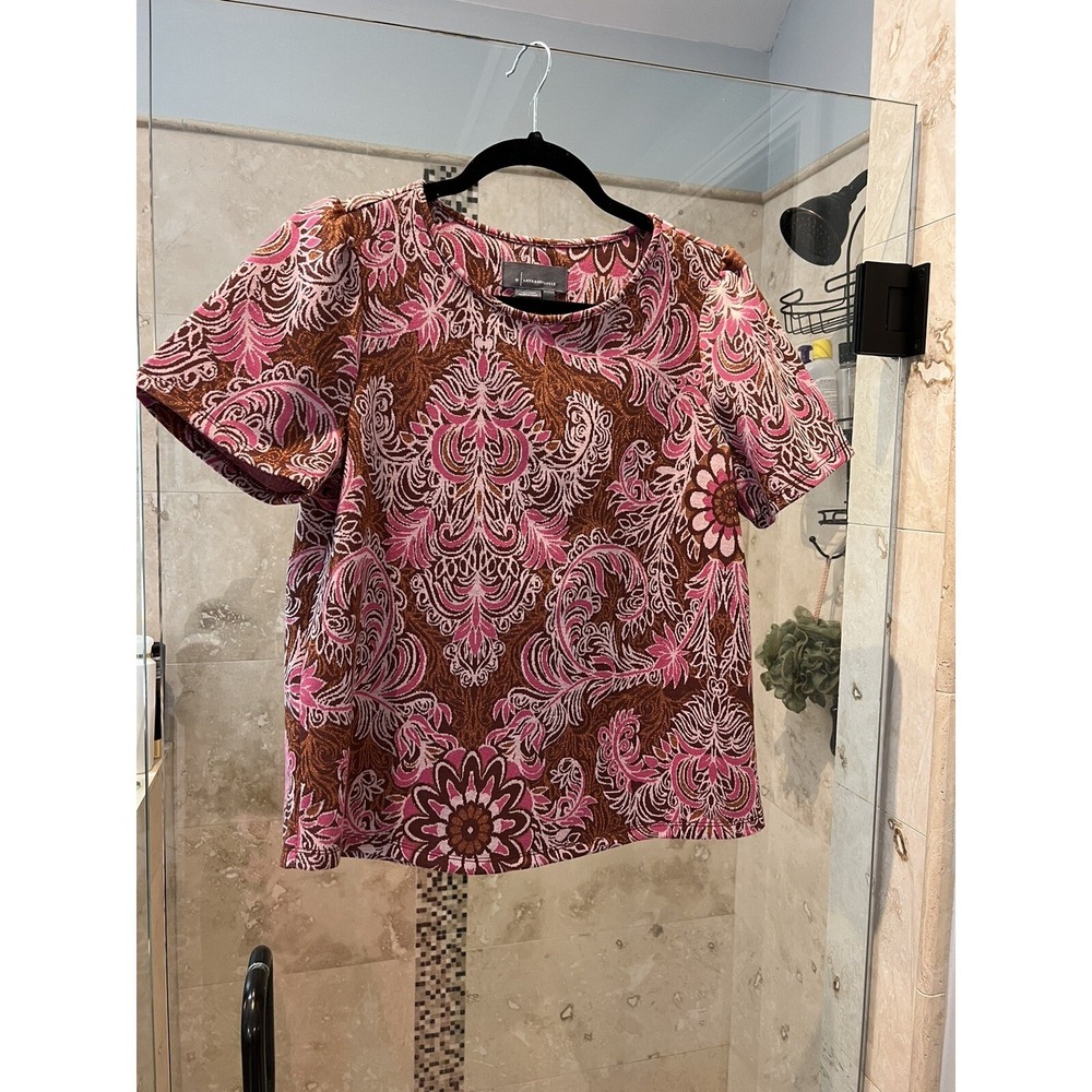 Anthropologie Gold Leaf Pullover Pink Orange Burnished Glitter Brocade Top M
